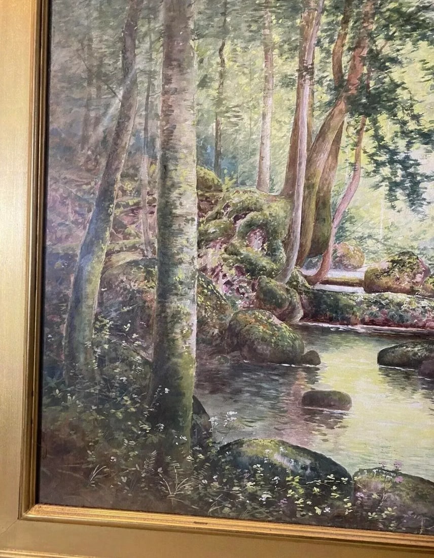 Mid 20th Century Arts & Crafts Style Watercolor Painting of Forest & Stream Landscape Signed, Framed - 7
