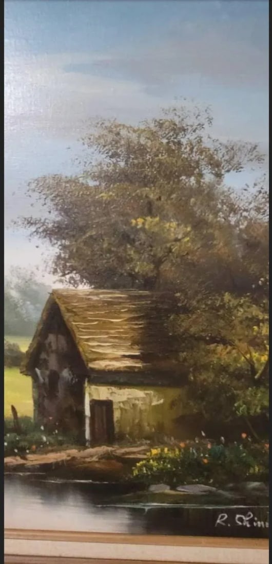 Mid Century Oil Painting European Landscape Cottage Signed R. Chinn, Dated 1977 Framed - 8