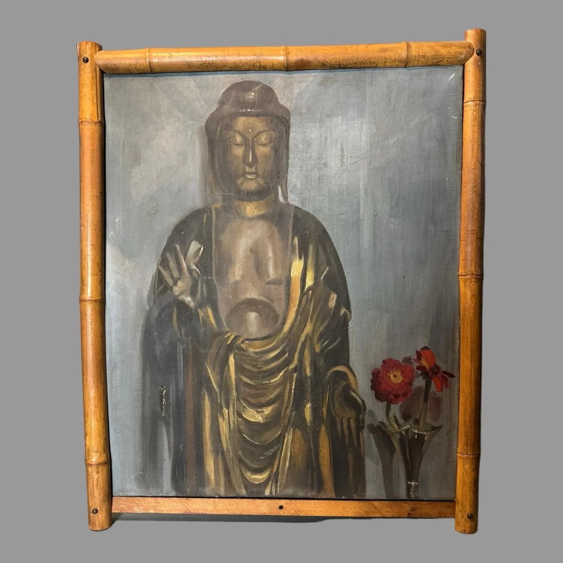 Antique Still Life Oil Painting on Canvas of Buddha & Vase of Flowers Faux Bamboo Frame 1920's - 2
