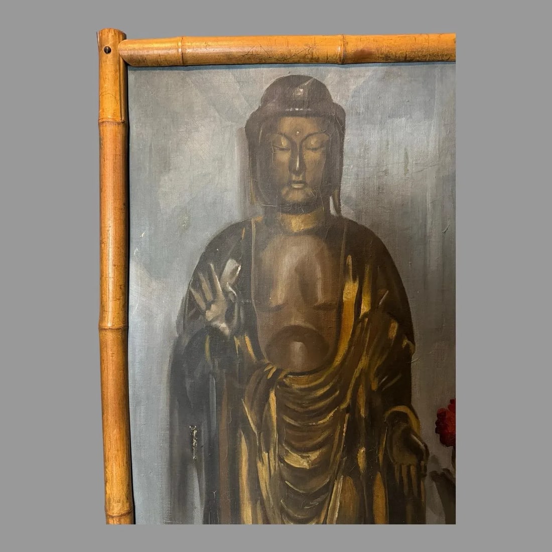 Antique Still Life Oil Painting on Canvas of Buddha & Vase of Flowers Faux Bamboo Frame 1920's - 3