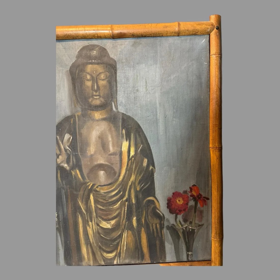Antique Still Life Oil Painting on Canvas of Buddha & Vase of Flowers Faux Bamboo Frame 1920's - 4