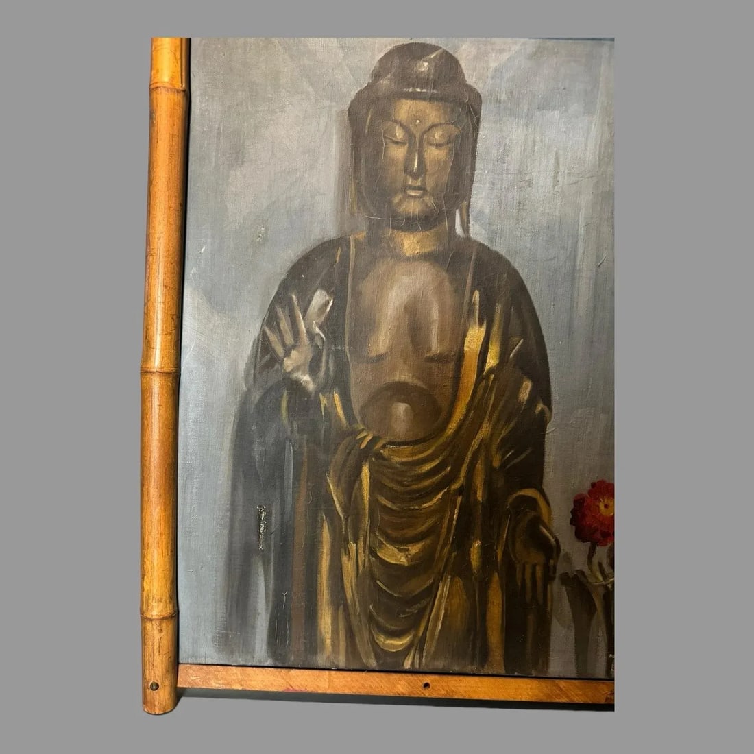 Antique Still Life Oil Painting on Canvas of Buddha & Vase of Flowers Faux Bamboo Frame 1920's - 5
