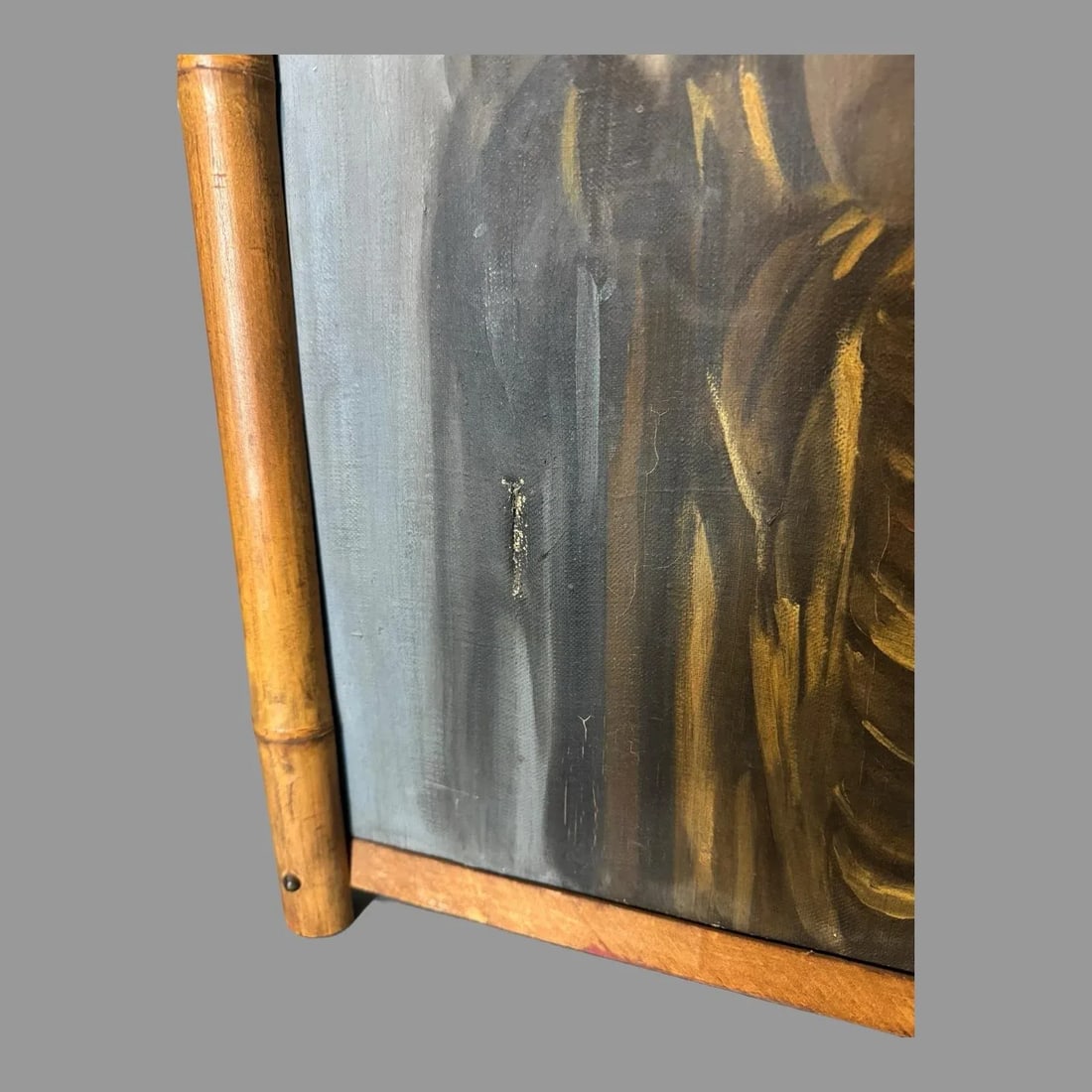 Antique Still Life Oil Painting on Canvas of Buddha & Vase of Flowers Faux Bamboo Frame 1920's - 6