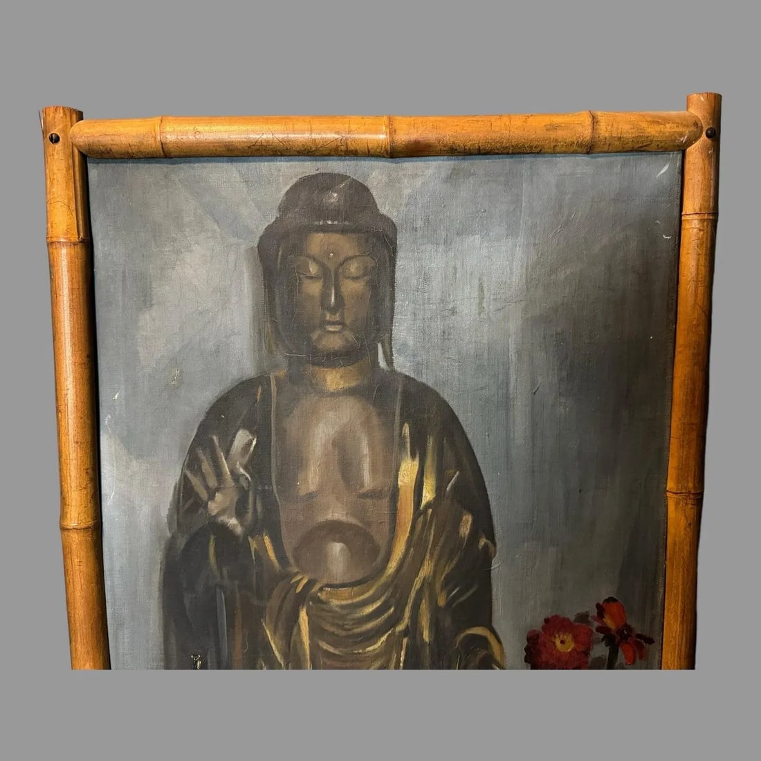 Antique Still Life Oil Painting on Canvas of Buddha & Vase of Flowers Faux Bamboo Frame 1920's - 7