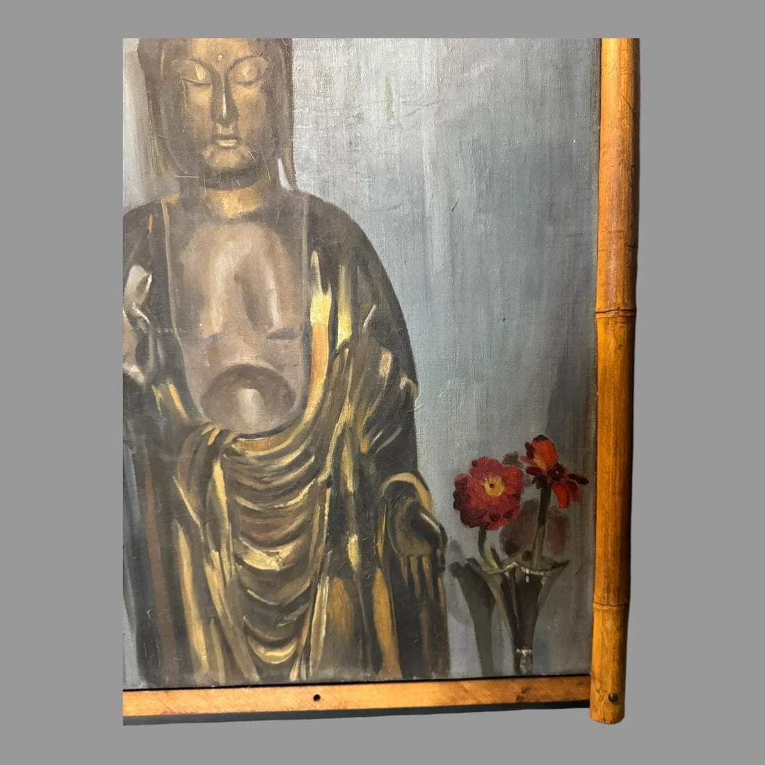Antique Still Life Oil Painting on Canvas of Buddha & Vase of Flowers Faux Bamboo Frame 1920's - 8