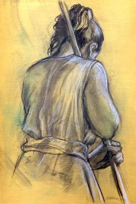 Mixed Media Figure Drawing by Kathleen Ney, "Working": A mixed media drawing and painting of the female figure. This piece has several layers which give it drama and depth. The paper size is 12" x 18", on prepared paper. Gesso, charcoal, chalk and oil on