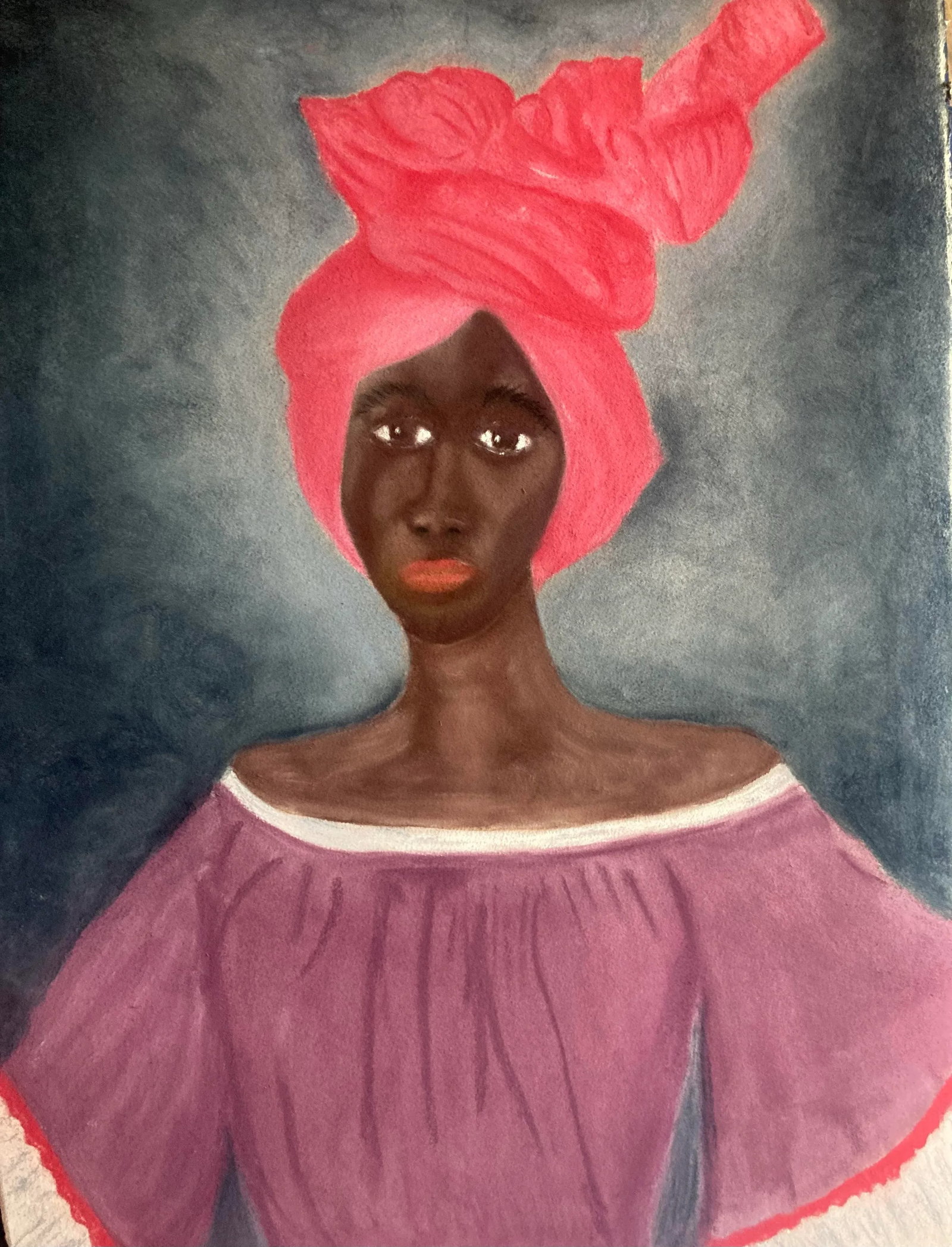 Purple Dress Original Folk Art Pastel Portrait Painting - 2