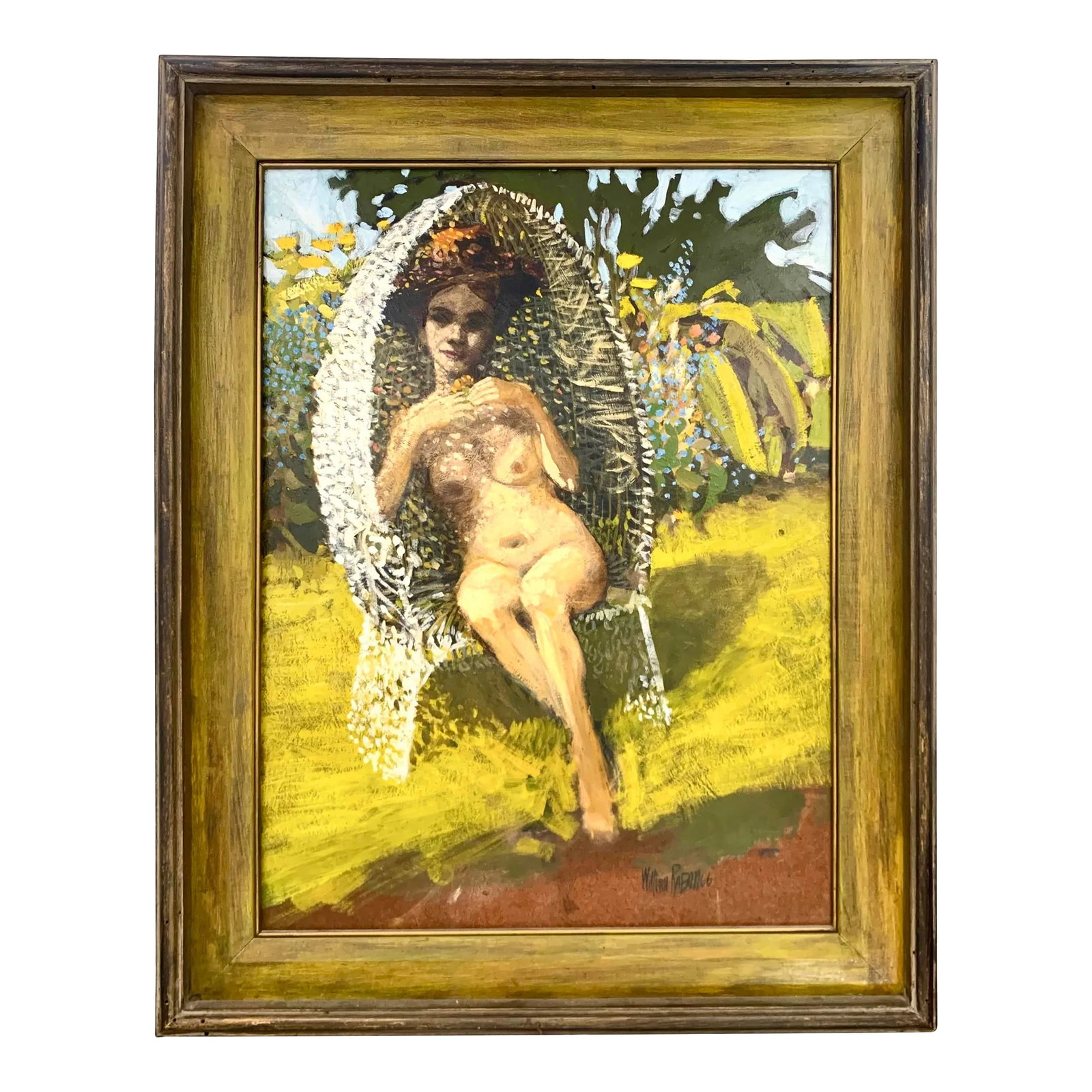 Vintage Original Painting Nude Lady in Garden Oil on Canvas Signed and Dated: This beautiful signed and framed painting depicts a nude lady in a garden surrounded by nature. The artist has captured the essence of a woman's beauty in a tasteful and elegant manner. The painting i