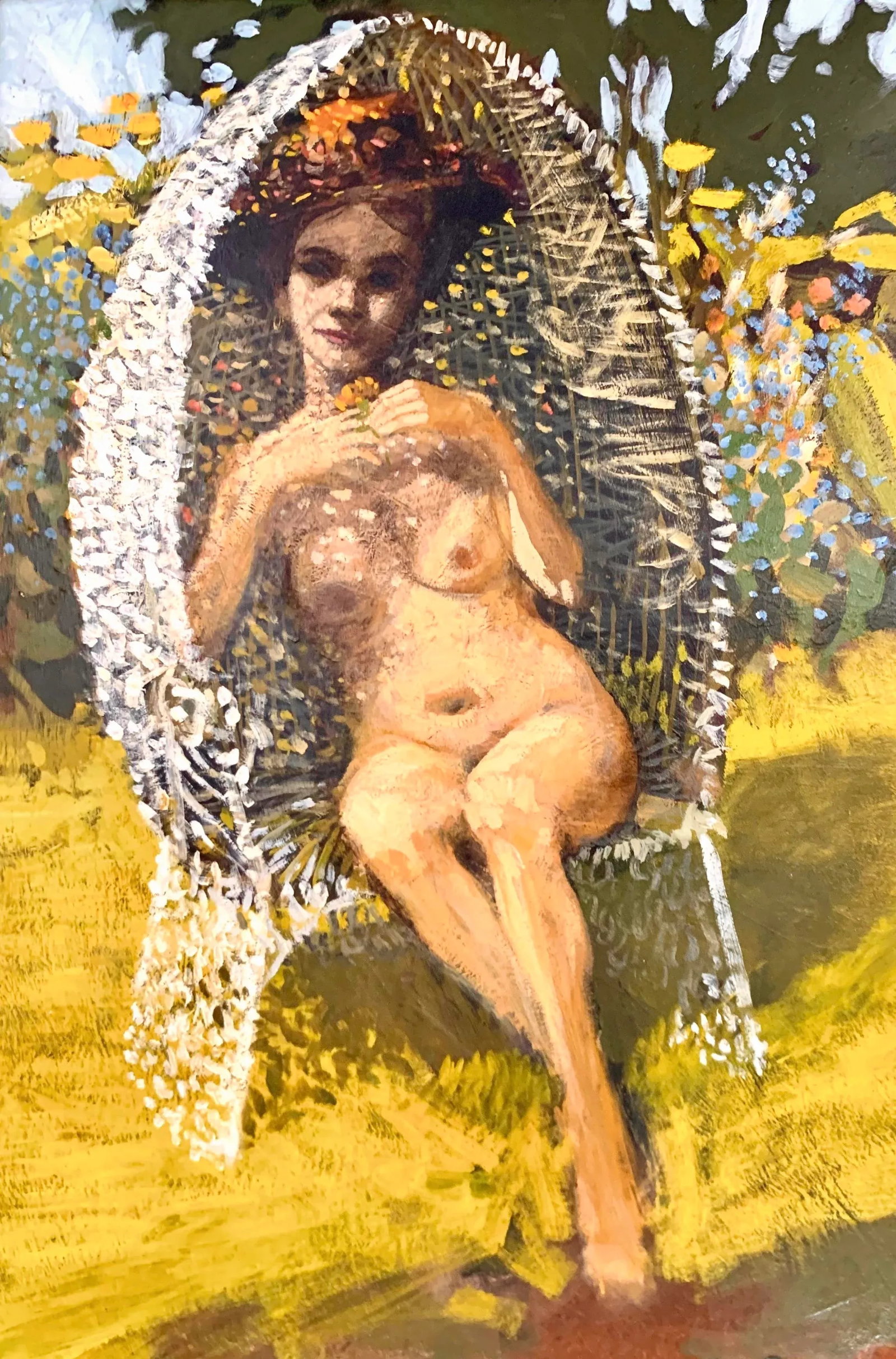 Vintage Original Painting Nude Lady in Garden Oil on Canvas Signed and Dated - 2