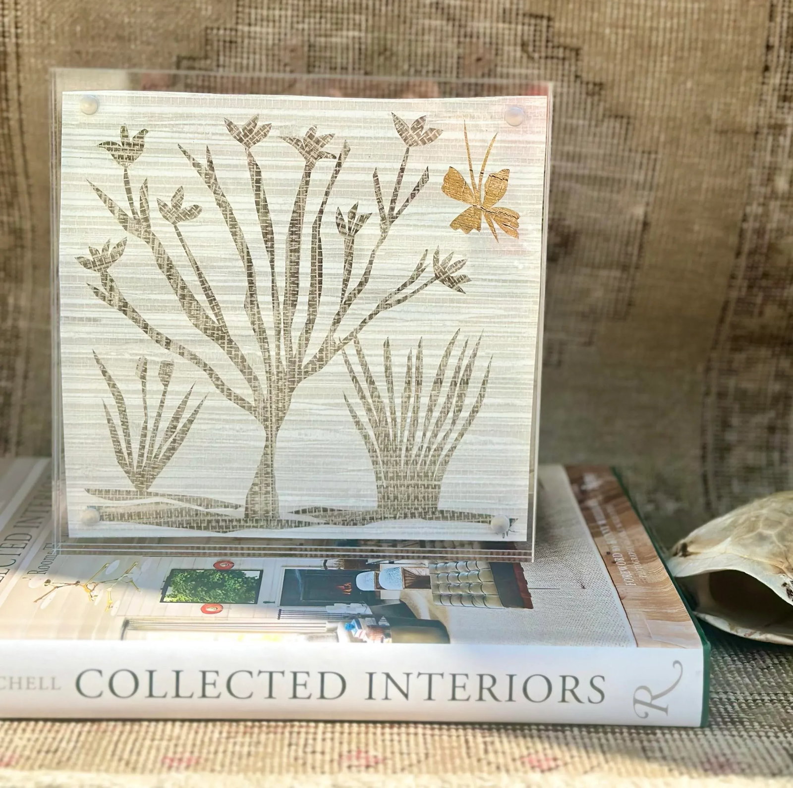 Grasscloth Gilded Butterfly Botanical Collage, Framed - 2