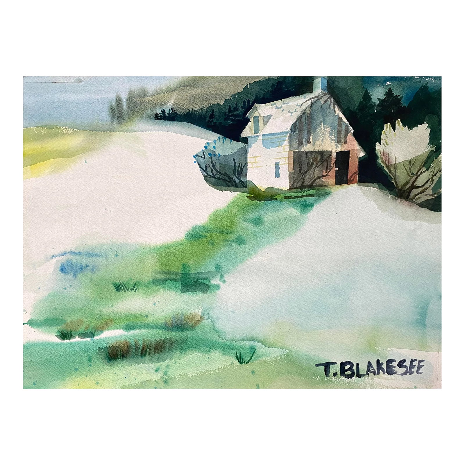 1960s Tina Blakeslee Landscape Watercolor Painting: 1960s Watercolor on paper of a landscape and house by artist Tina Blakeslee. Signed lower right. Condition: Alterations: Original Condition Unaltered Imperfections: Some Imperfections Condition