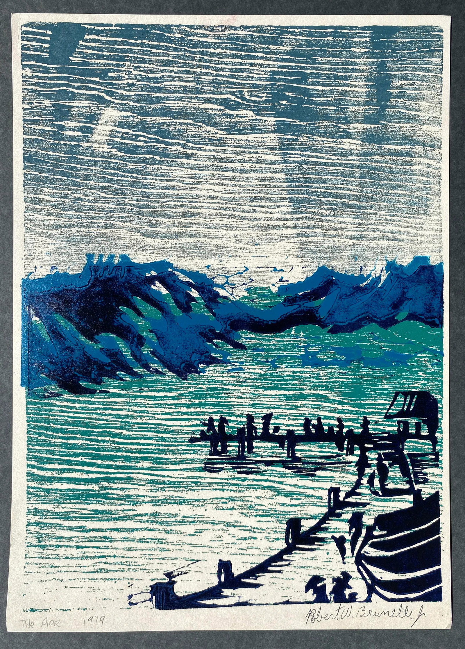 1979 Robert Brunelle the Pier Coastal Woodblock - 2