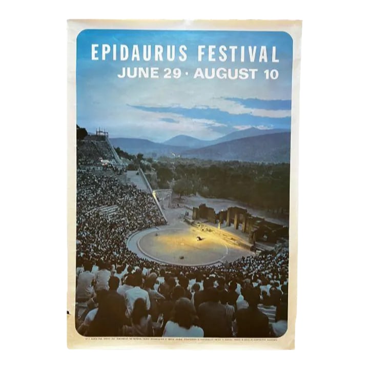 1968 Summer Epidaurus Festival at the Ancient Theatre of Epidaurus in Greece, Poster: A large, breathtaking poster promoting the annual Epidaurus Festival, June 28 - August 10, 1968, at the Ancient Theatre of Epidaurus, in Greece. The mystical blue hues from the setting sun are