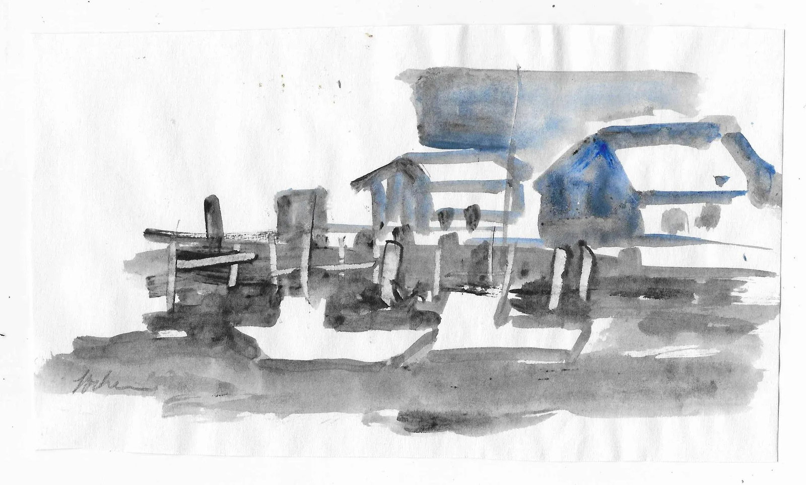 1990s Coastal Dock Scene Watercolor - 2