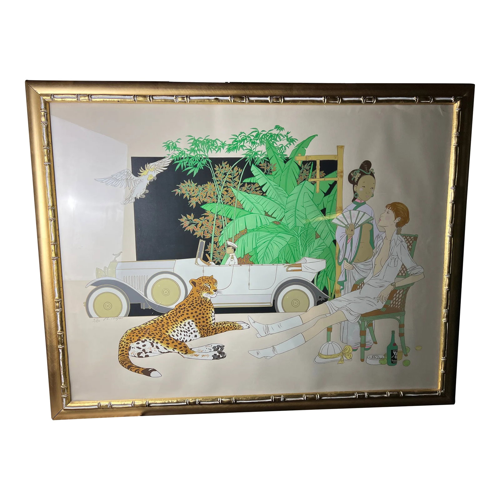 1970s Large Framed Lithograph by Philippe Henri Noyer Titled "White Rolls Royce": This is a lovely large framed lithograph by French artist, Philippe Henri Noyer in his signature surrealist/modernist style. It is titled "White Rolls Royce" and features 2 female figures, a leopard,