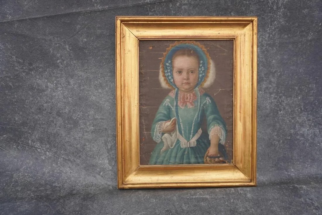 Portrait of a Little Girl 1850-1860 Oil on Mounted Canvas, Framed - 2