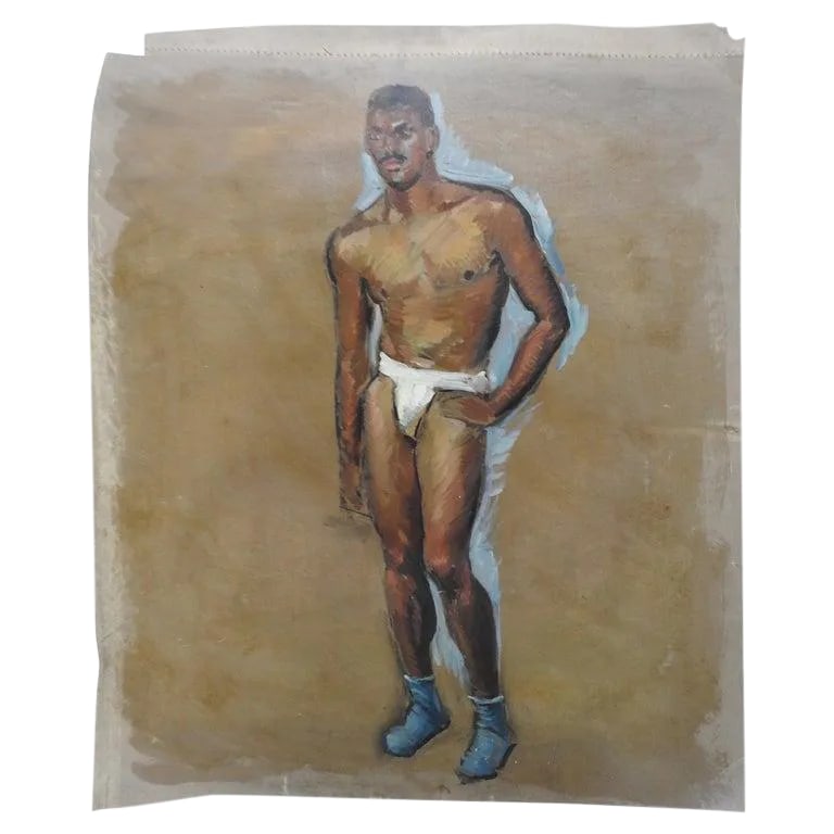 Robert Whitmore "Male Model" Oil Painting: This is an exquisite oil painting on un-stretched canvas by listed artist Robert Whitmore (American; 1890-1979), dated early-mid 20th century. The piece depicts the gestural portrait of a partially