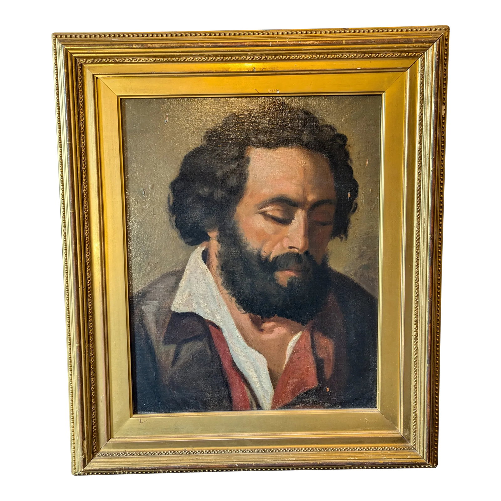 Mid 19th Century Self Portrait Attributed to Gustave Courbet, Framed: A self-portrait attributed to Gustav Courbet (1819-1877), framed in a late-19th-century frame. Faint initials (GC) visible above right shoulder. Oil on canvas laid to board. The back of the panel
