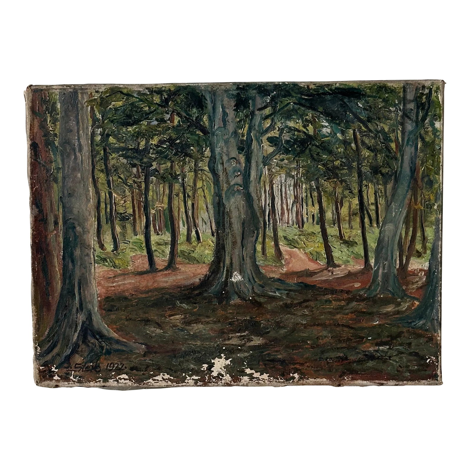 Early 20th Century Signed French Landscape Oil Painting: 1922 original oil painting signed in lower left hand side. Nice thick paint strokes depicting a path in forest scene. Oil on canvas stretched over a wood frame with iron tacks Condition: Alterations: 