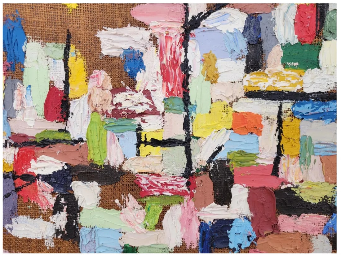 MCM Vintage Colorful Abstract Expressionist Oil Painting on Burlap, Signed Mason and Framed - 2