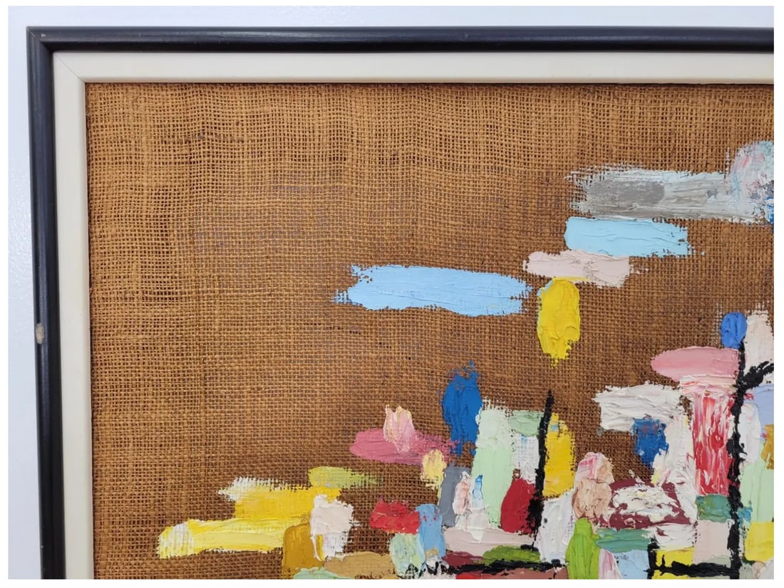 MCM Vintage Colorful Abstract Expressionist Oil Painting on Burlap, Signed Mason and Framed - 3