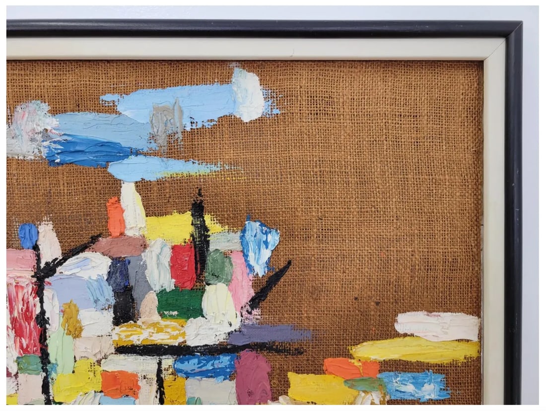 MCM Vintage Colorful Abstract Expressionist Oil Painting on Burlap, Signed Mason and Framed - 4
