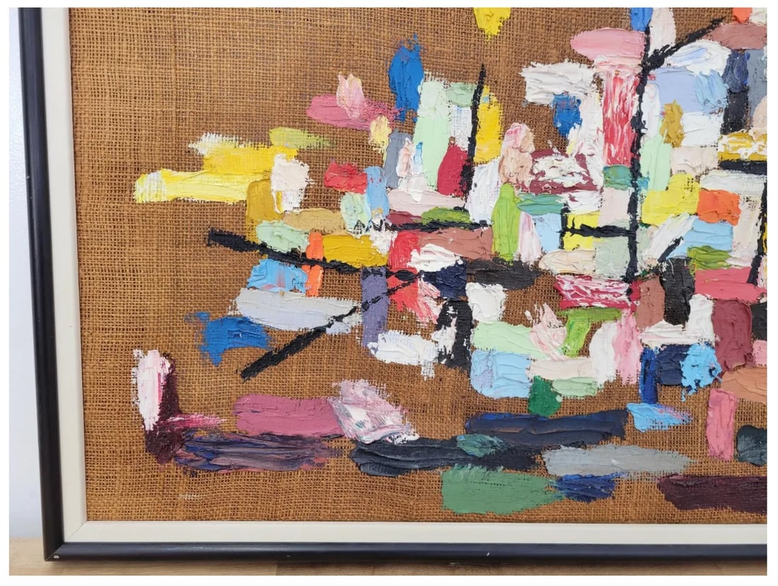 MCM Vintage Colorful Abstract Expressionist Oil Painting on Burlap, Signed Mason and Framed - 5