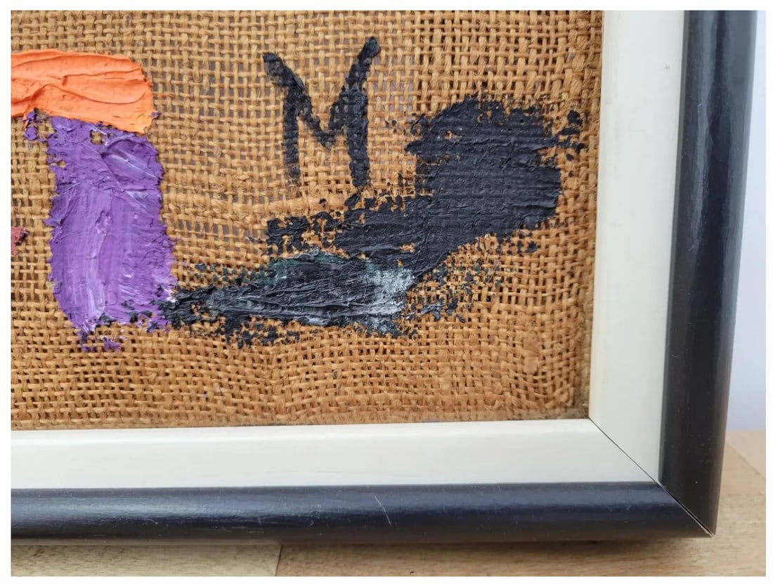 MCM Vintage Colorful Abstract Expressionist Oil Painting on Burlap, Signed Mason and Framed - 6
