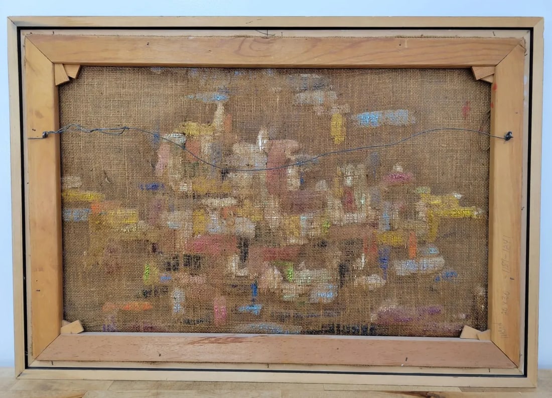 MCM Vintage Colorful Abstract Expressionist Oil Painting on Burlap, Signed Mason and Framed - 8