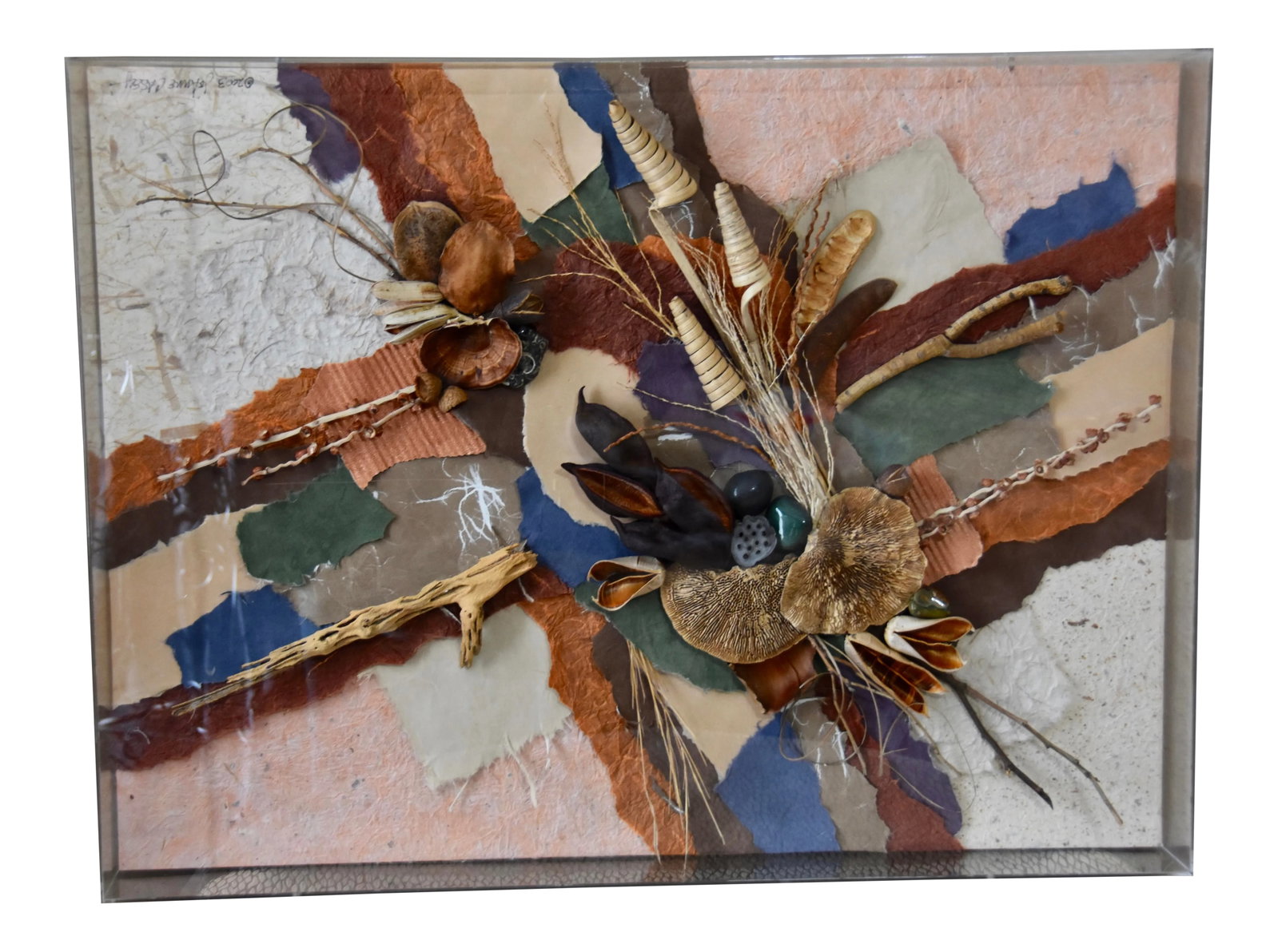 Original "Art of Nature" by Joanne Casey MIX Media Signed by Artist Wall Decor: Nature is the inspiration and source of this mixed media art signed by artist Joanne Casey Measures 24 W - 18 H - 3 D Encased in a plexiglass box. Condition: Alterations: Original Condition Unaltered