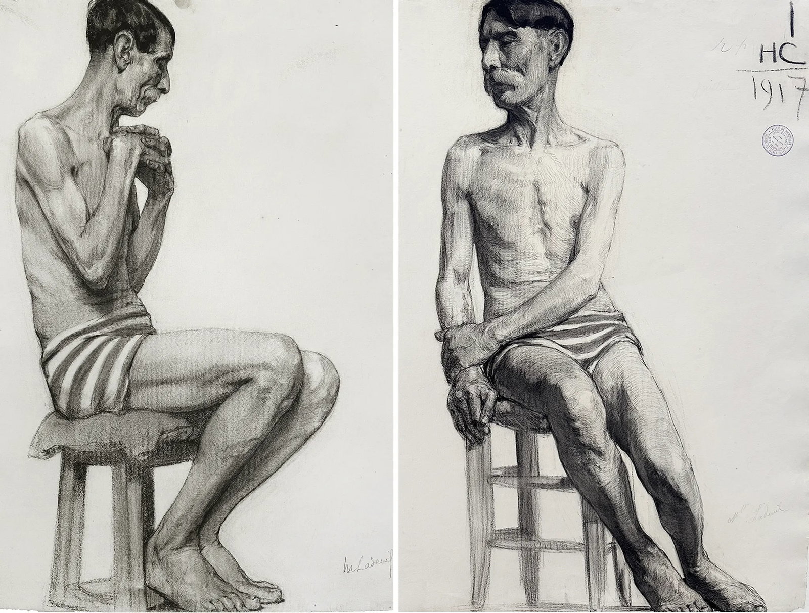 Set of Early 1900's Antique French Academic Drawings of Gentleman in Swim Trunks, Charcoal on Paper - 2