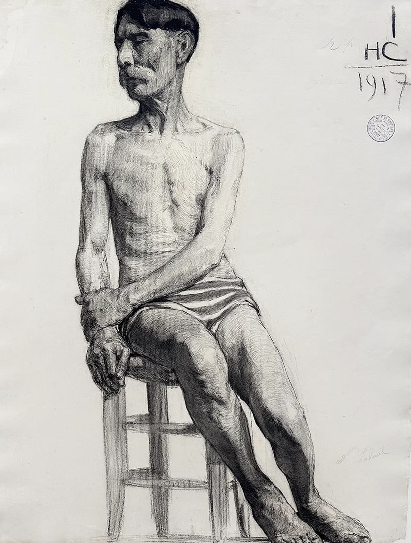 Set of Early 1900's Antique French Academic Drawings of Gentleman in Swim Trunks, Charcoal on Paper - 3