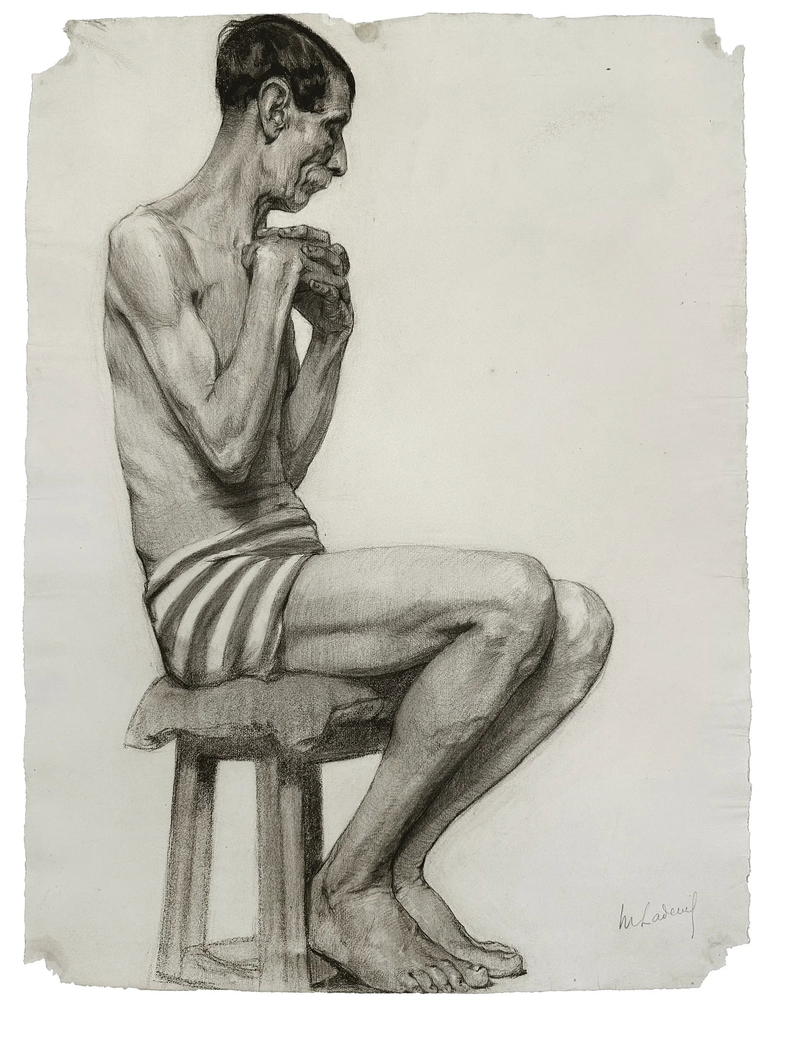Set of Early 1900's Antique French Academic Drawings of Gentleman in Swim Trunks, Charcoal on Paper - 5