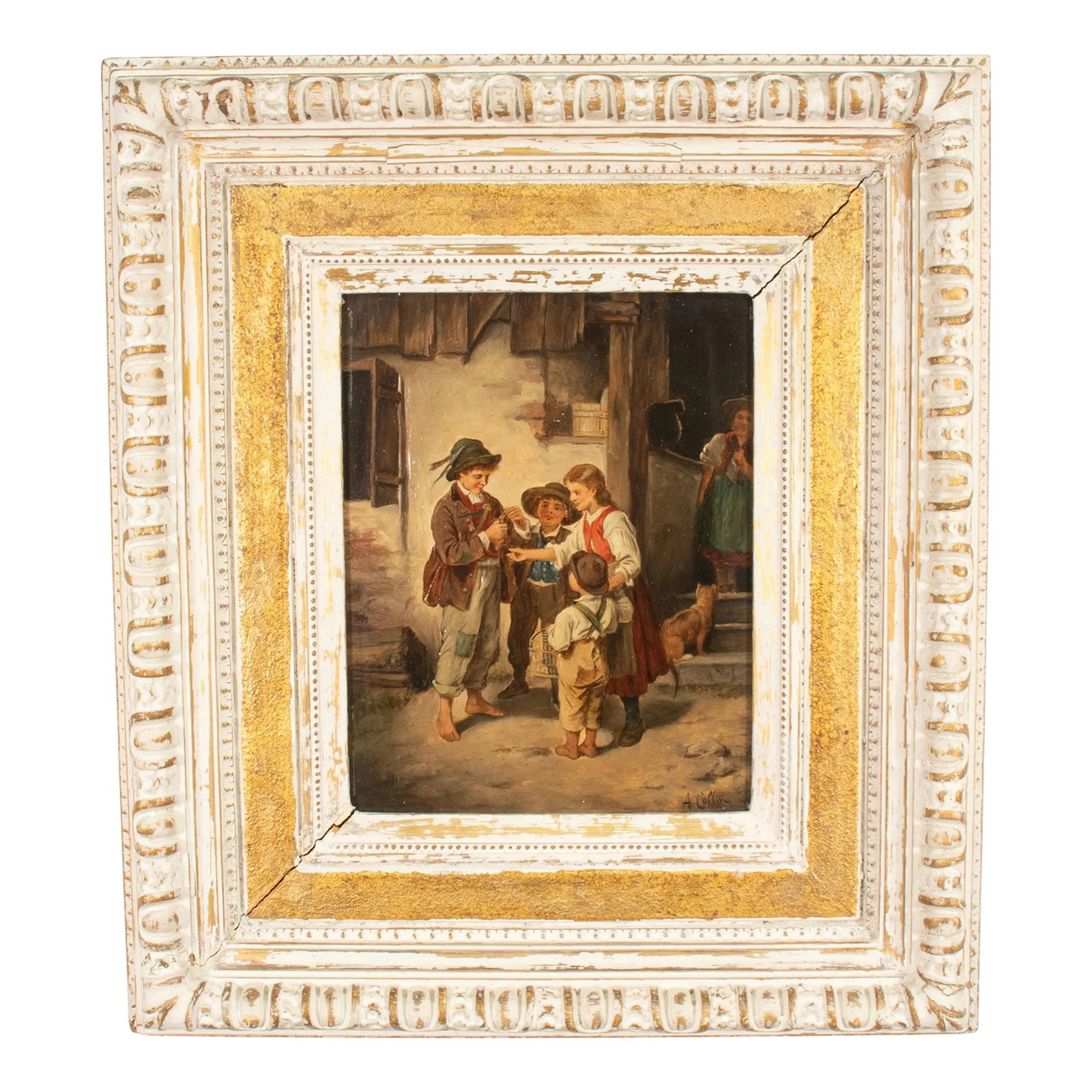 Early 19th Century Belgian Oil on Panel by Andre Collin (Belgian, 1862-1930) "Children's Tender Mome: This charming turn-of-the-century oil painting on a wooden panel by Andre Collin depicts a group of four children gathered at the foot of stairs, feeding a young bird. In a masterful use of light and