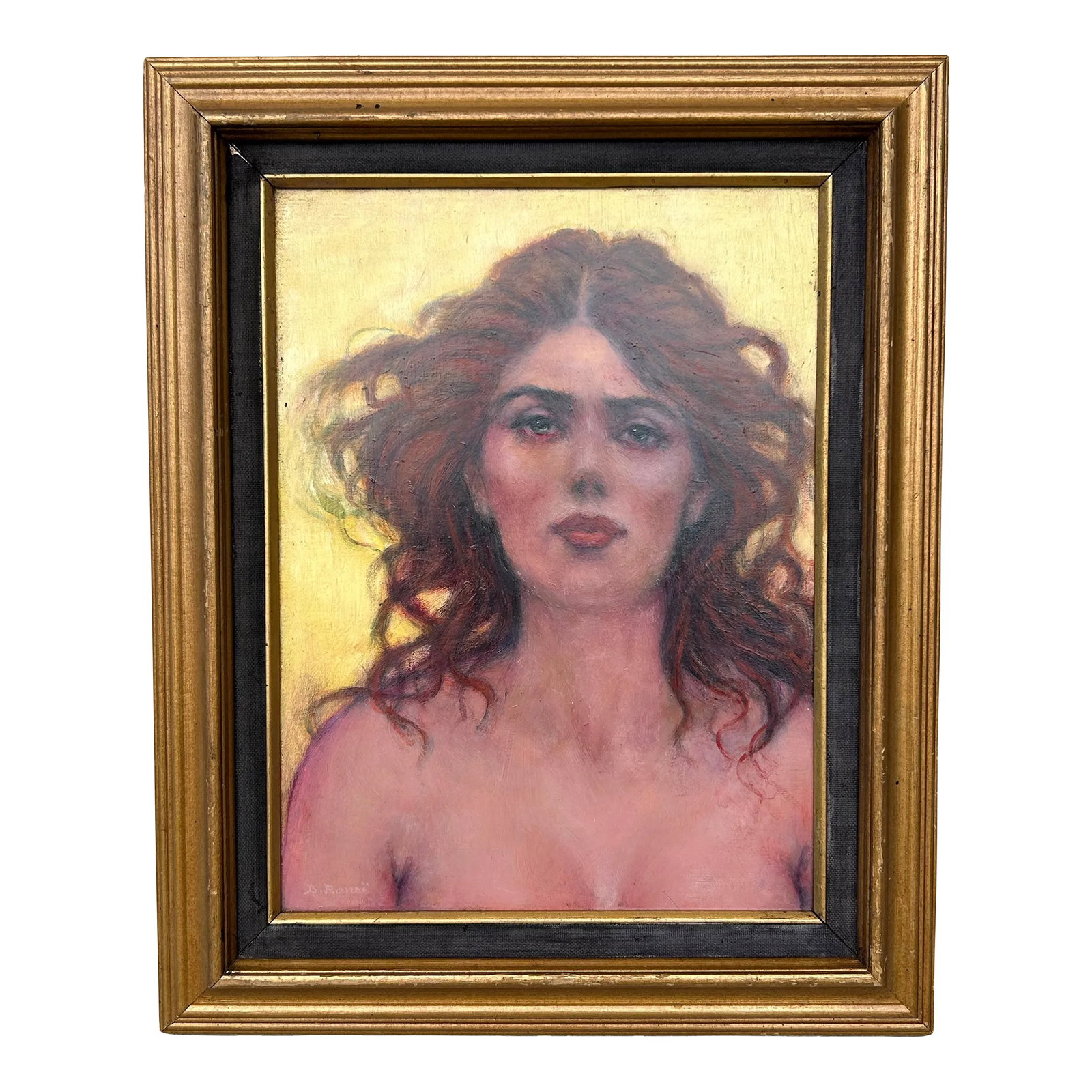 1960s Vintage Portrait Painting of Red Haired Women, Framed: Striking mid 20th century portrait of a woman with red hair and a haunting, sensual gaze. Presented in the original wood frame. Illegible signed in the lower left. Condition: Alterations: Original