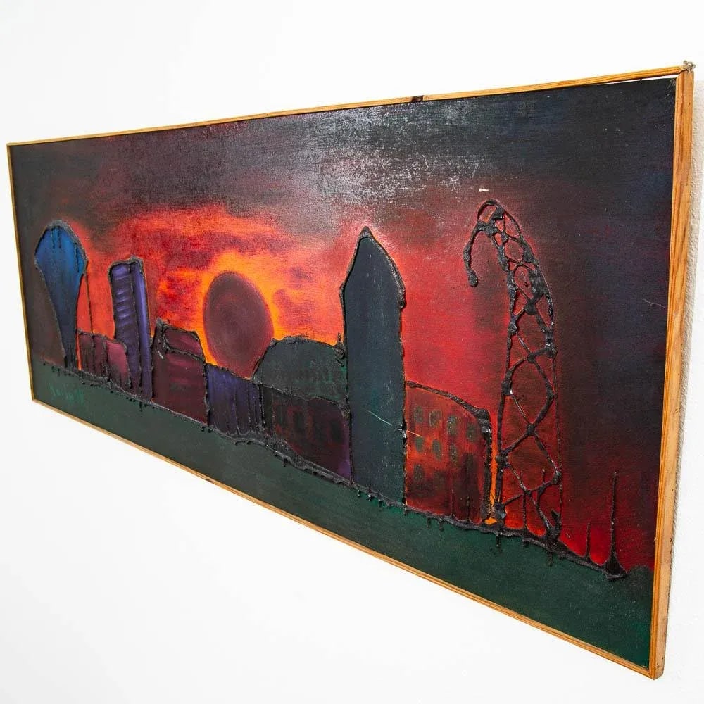 1970s Mid Century Modern Original Art Surrealist Landscape Sun Set Painting Original, Framed - 2