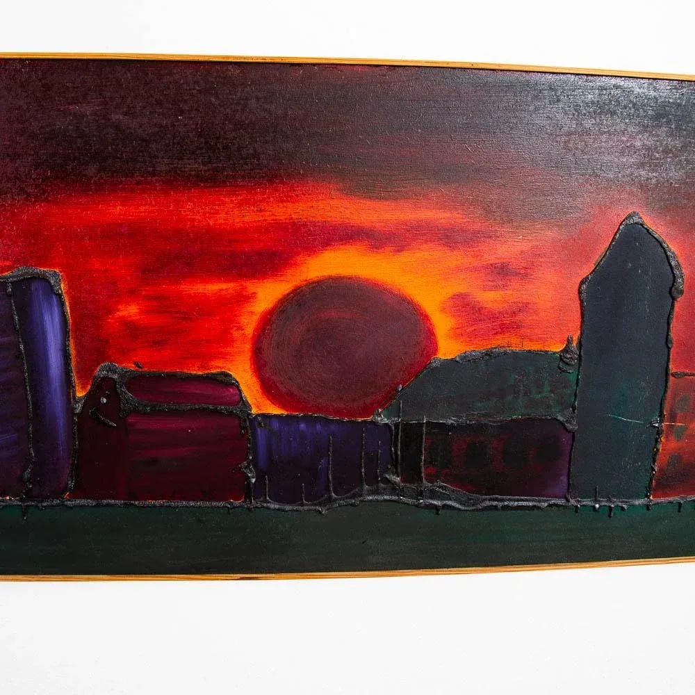 1970s Mid Century Modern Original Art Surrealist Landscape Sun Set Painting Original, Framed - 5