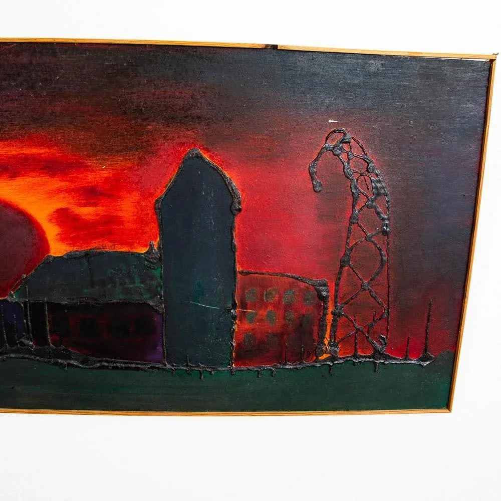 1970s Mid Century Modern Original Art Surrealist Landscape Sun Set Painting Original, Framed - 6