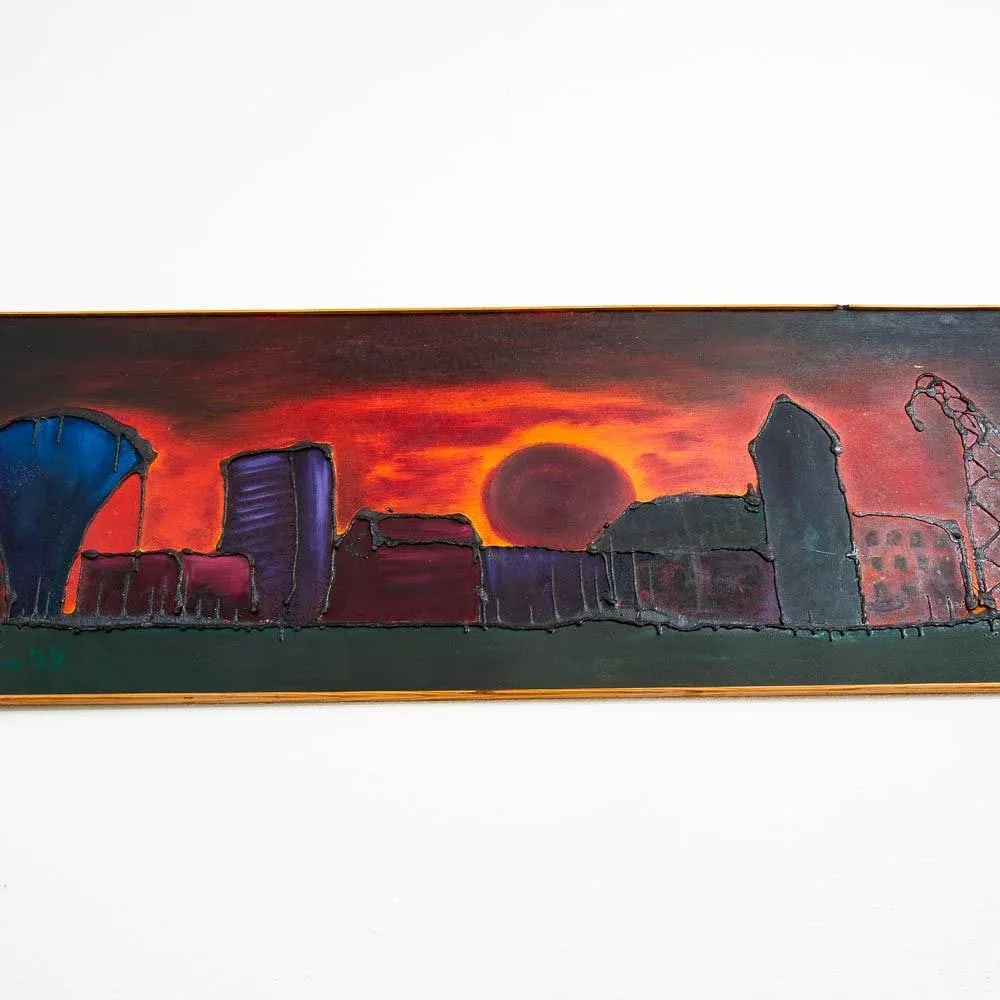 1970s Mid Century Modern Original Art Surrealist Landscape Sun Set Painting Original, Framed - 7