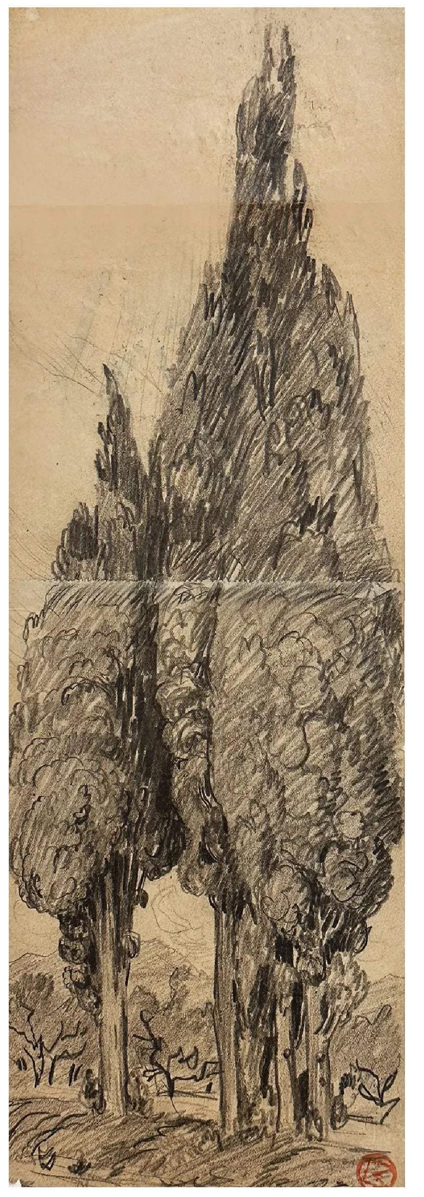 Early 1900's Antique French Charcoal Drawing of Cypress on Paper With Mat, Signed by French Artist M - 2