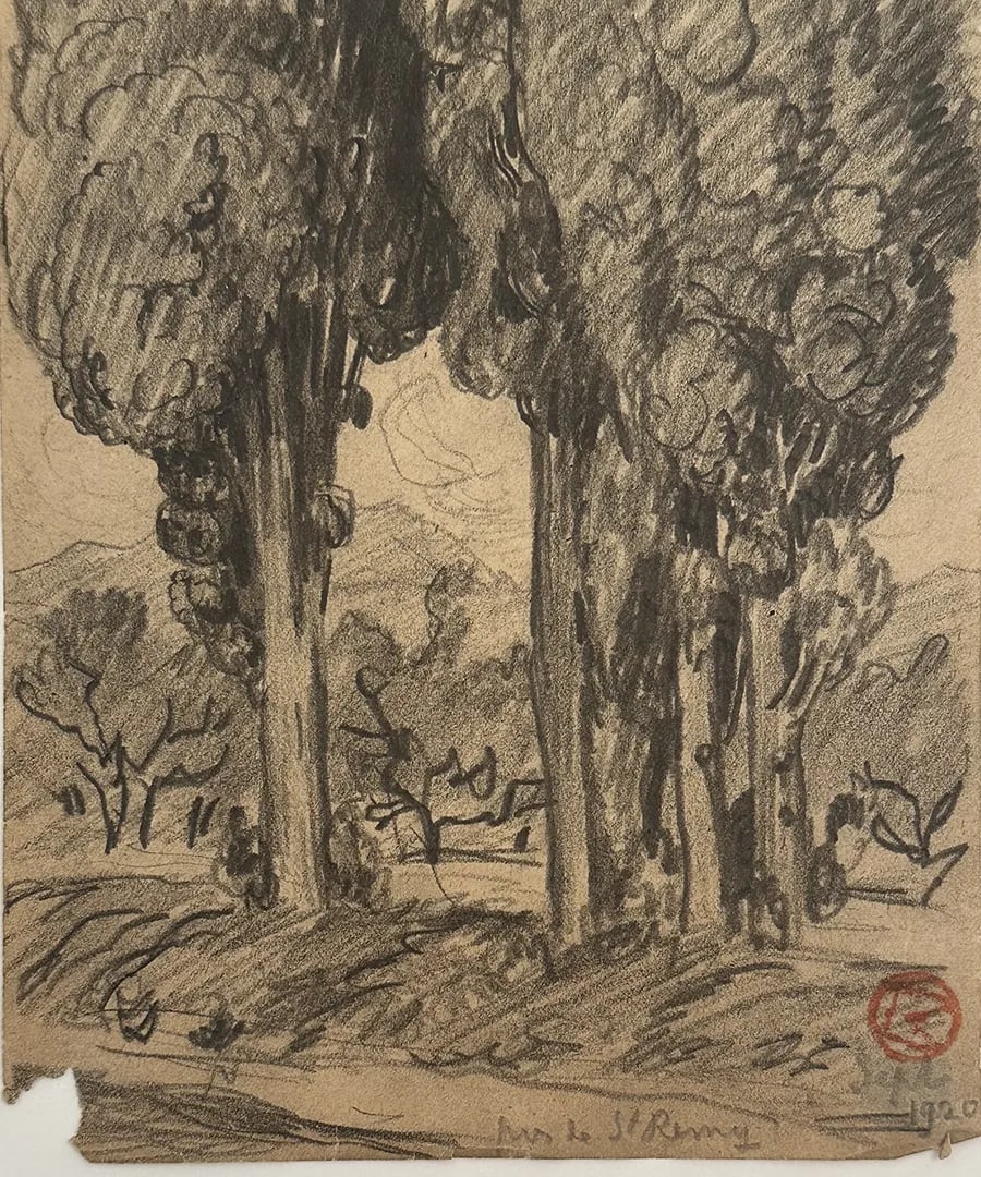 Early 1900's Antique French Charcoal Drawing of Cypress on Paper With Mat, Signed by French Artist M - 4