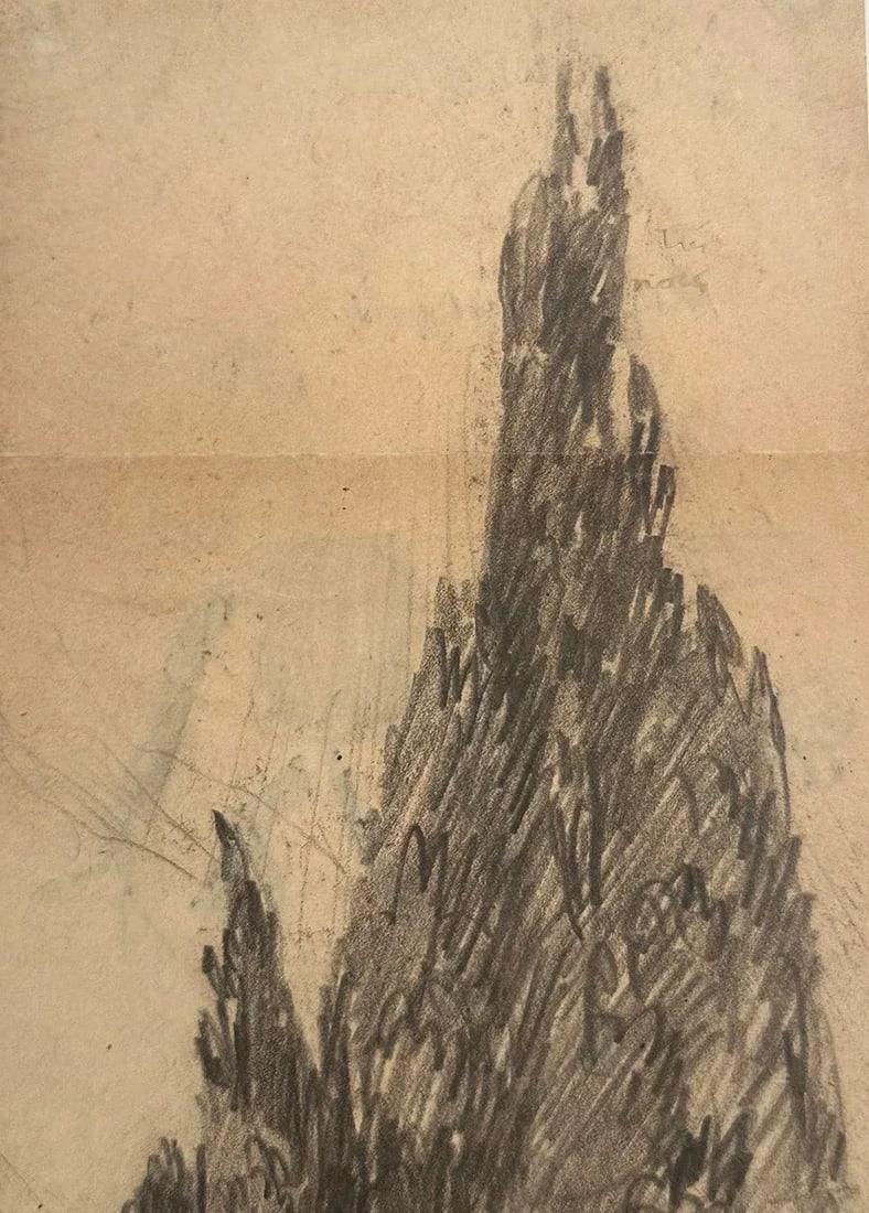 Early 1900's Antique French Charcoal Drawing of Cypress on Paper With Mat, Signed by French Artist M - 5
