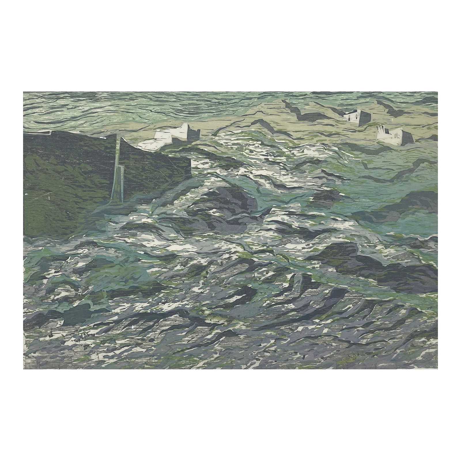 1950s Luke Gwilliam Mykonos Hills Woodblock: 1950s Luke Gwilliam (1911-1989) "Mykonos Hills" woodcut on paper of a coastal scene of the Greek Island. Pencil signed, titled and marked as artists proof. Gwilliam studied at the Worcester Museum of