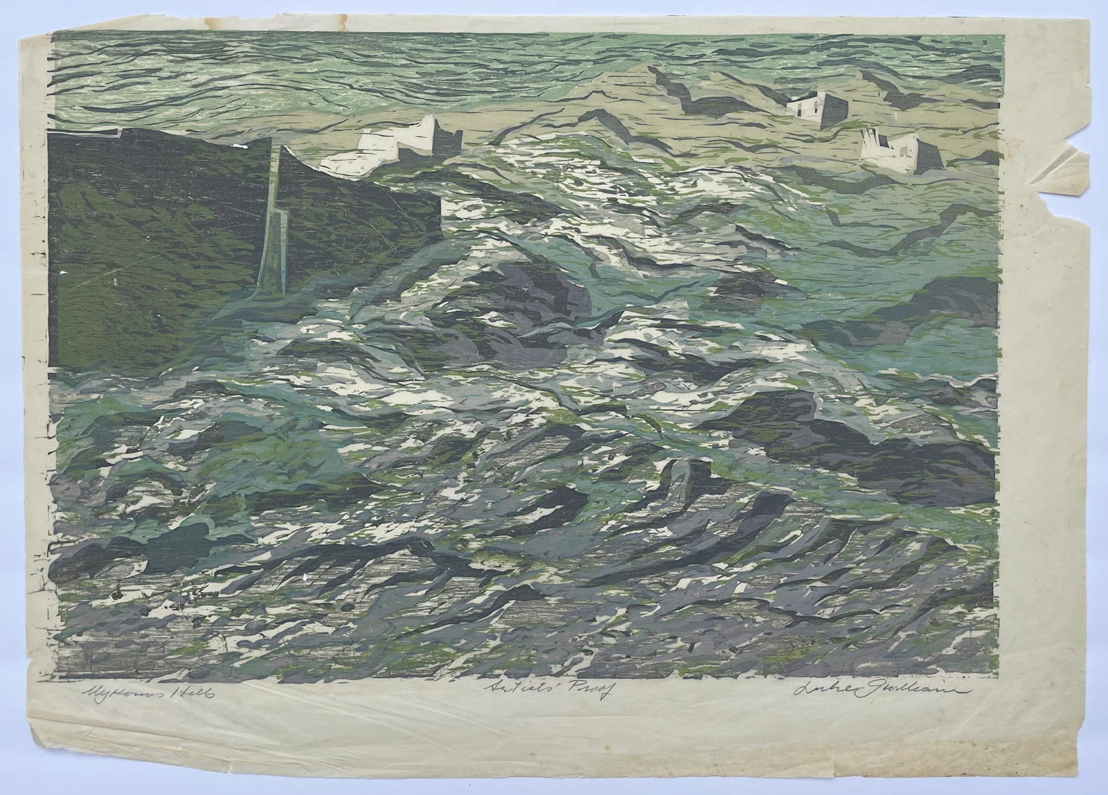 1950s Luke Gwilliam Mykonos Hills Woodblock - 7