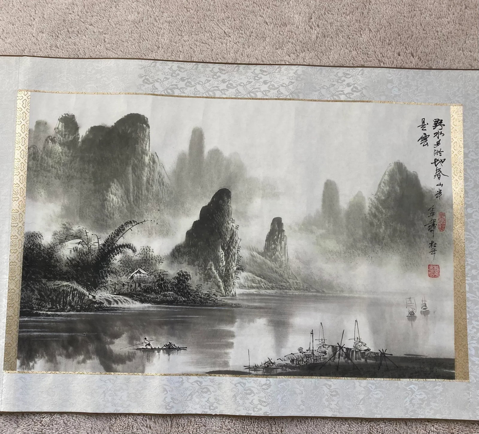 Ink Painting of Landscape on Silk Scroll - 3