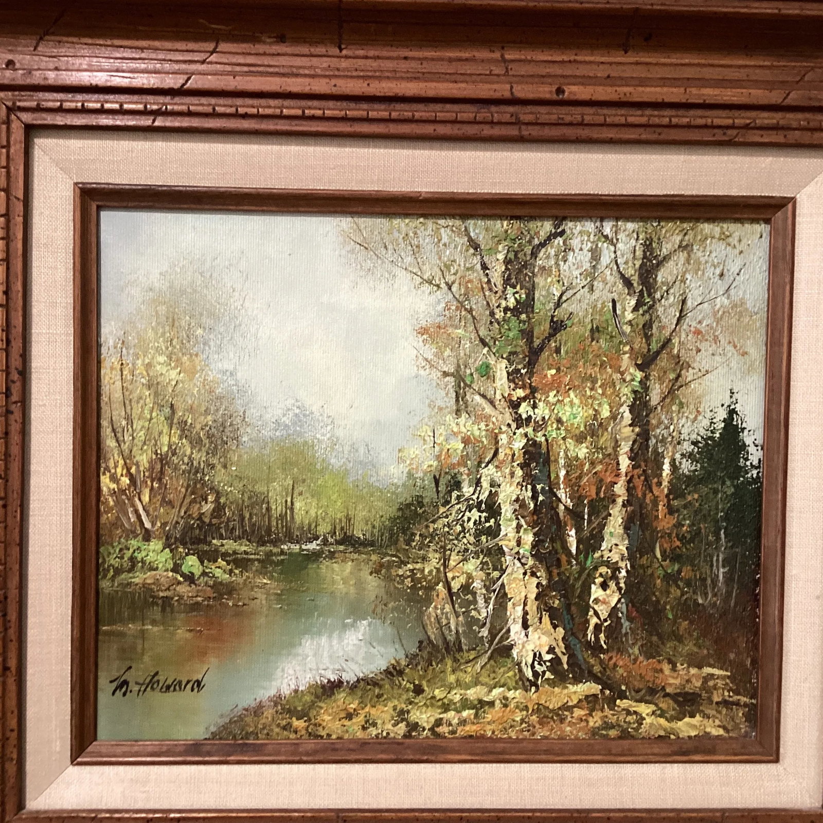 Mid 20th Century Painting on Canvas Landscape Framed River Fall Trees Signed M.Howard - 2