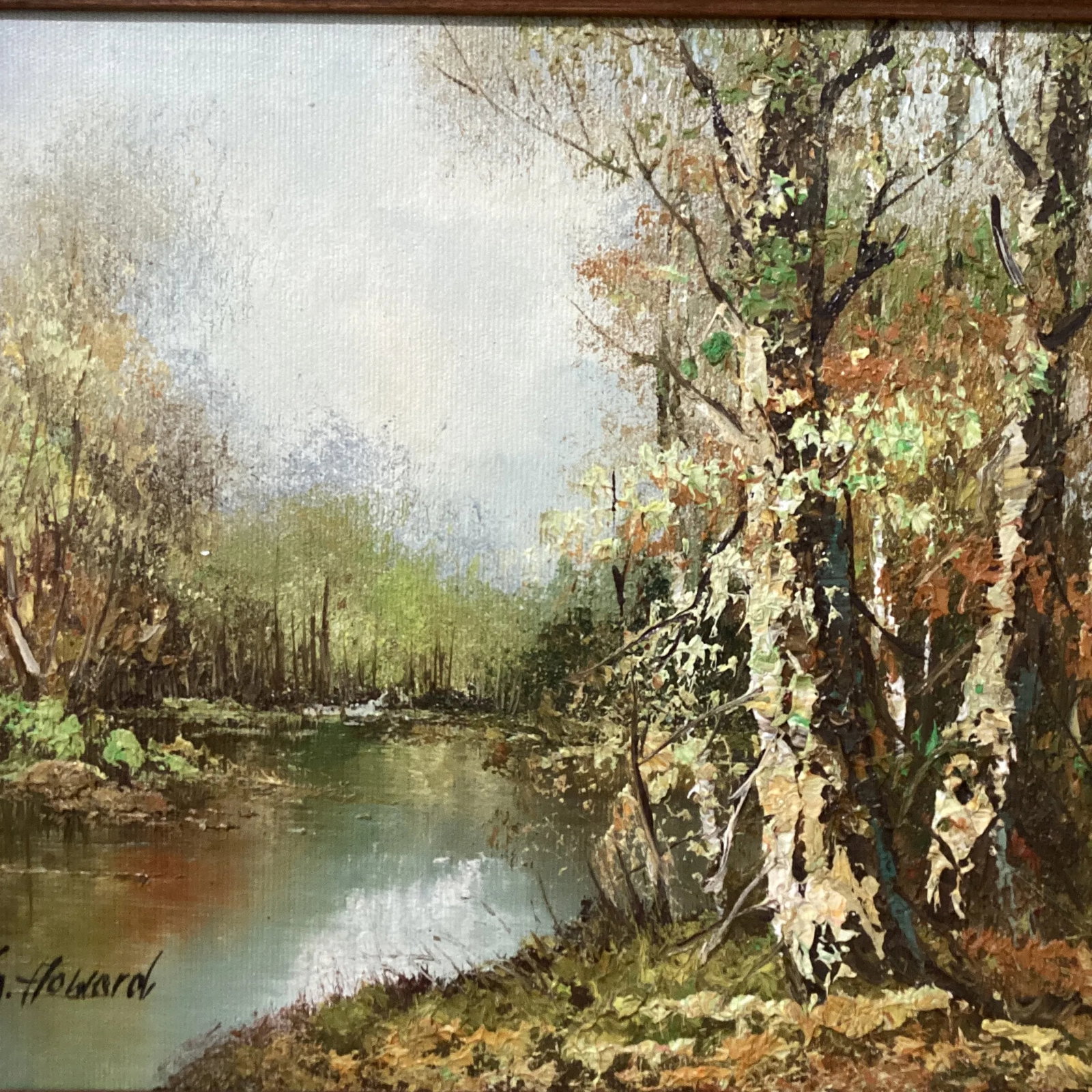 Mid 20th Century Painting on Canvas Landscape Framed River Fall Trees Signed M.Howard - 3