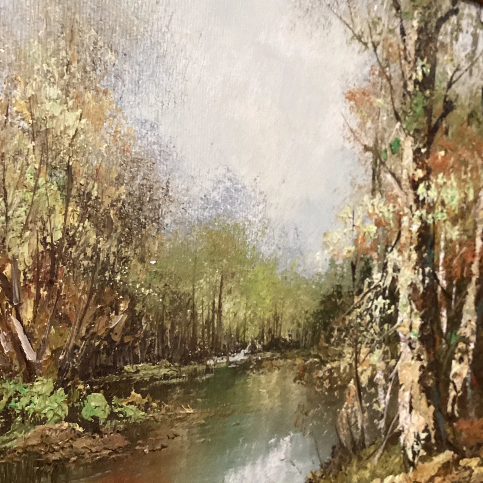 Mid 20th Century Painting on Canvas Landscape Framed River Fall Trees Signed M.Howard - 4