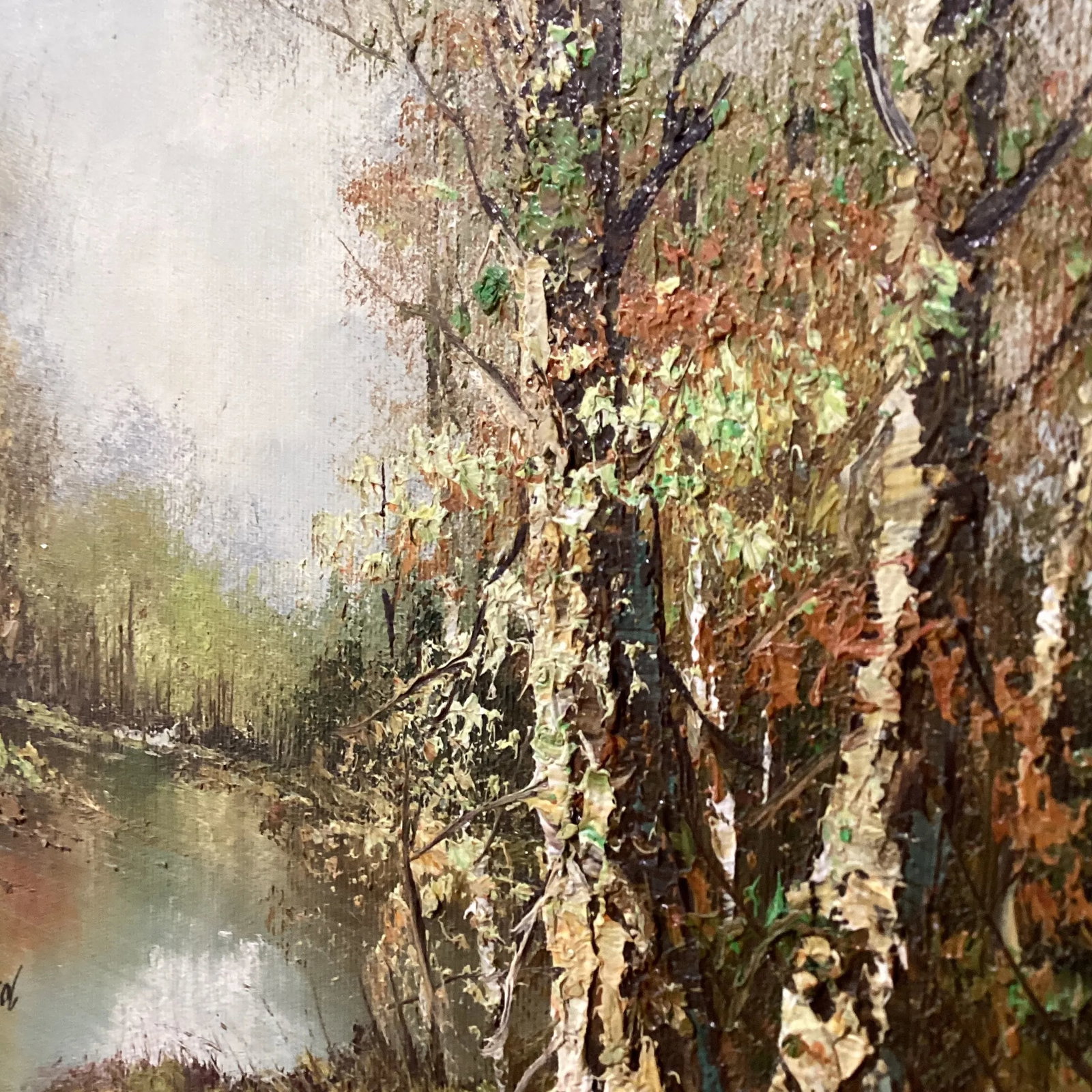 Mid 20th Century Painting on Canvas Landscape Framed River Fall Trees Signed M.Howard - 5