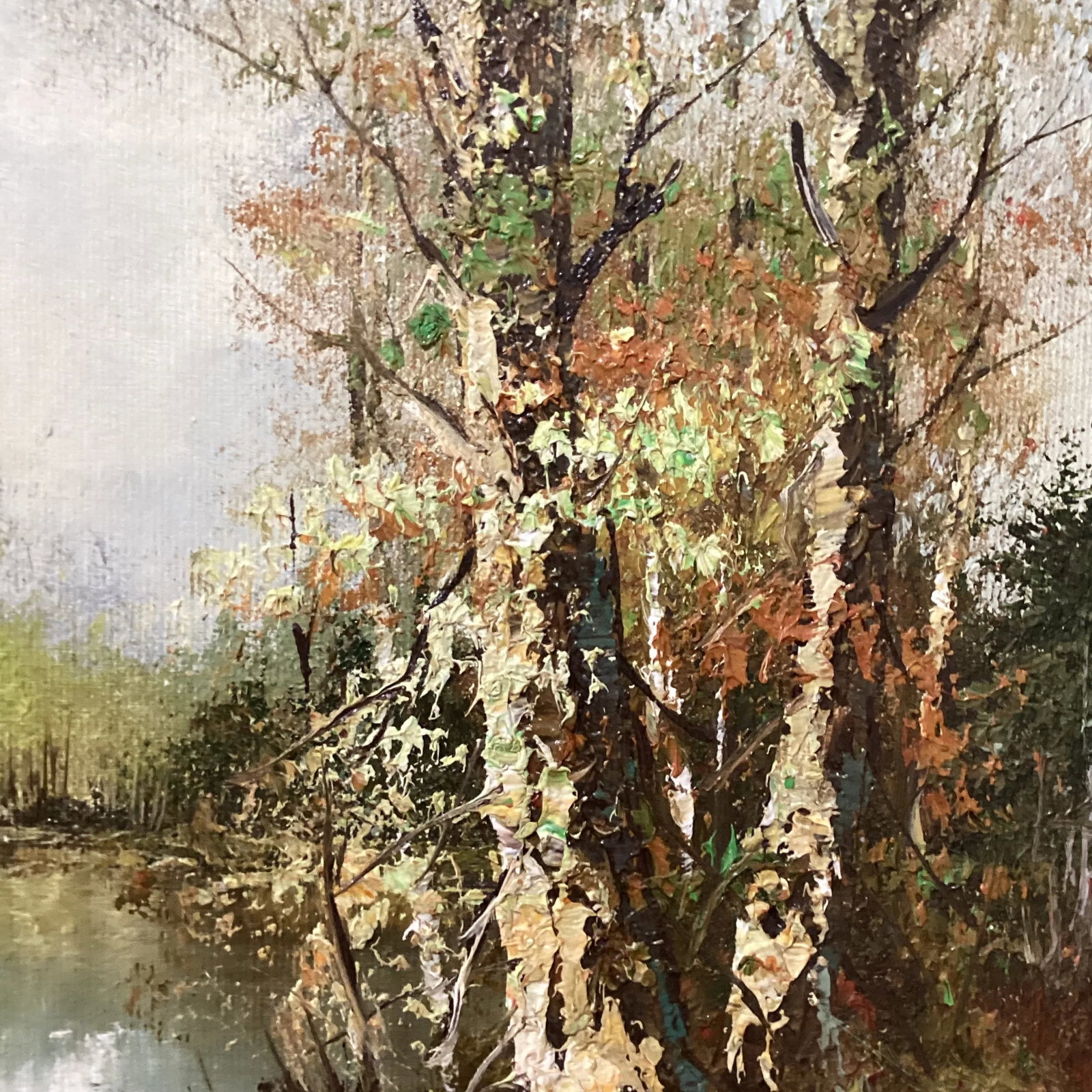 Mid 20th Century Painting on Canvas Landscape Framed River Fall Trees Signed M.Howard - 6